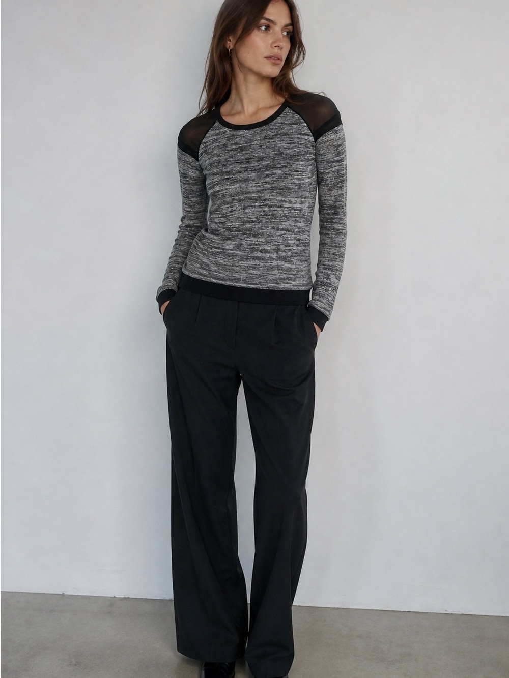 🇬🇧New Look Mesh Shoulder Top Grey Marl Long Sleeve Sheer Panel Minimalist Y2K